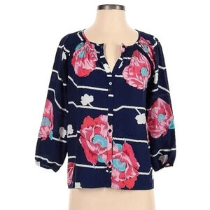 Yumi Kim | Navy Stripe Pink Floral 3/4 Sleeve Button Down Blouse Size XS